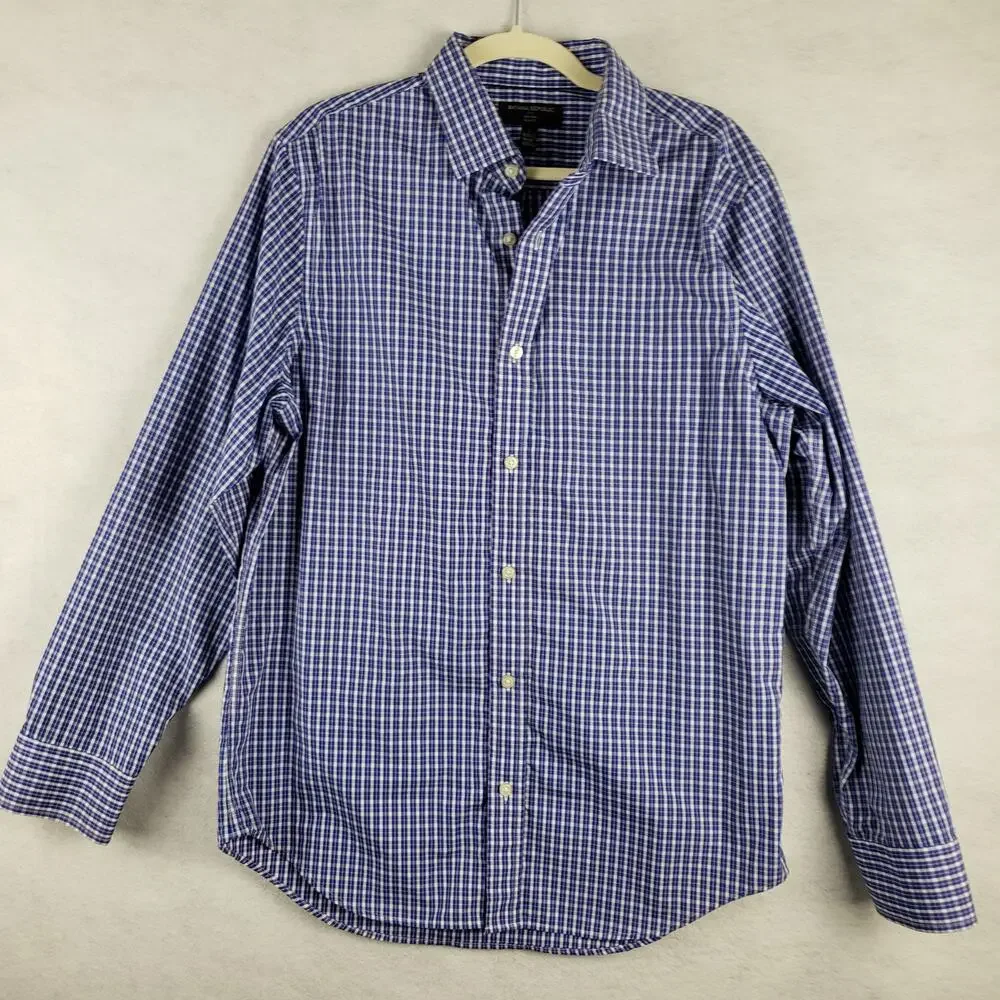 Banana Republic Men's L Slim Fit Long Sleeve Checkered Plaid Dress Shirt Blue‎